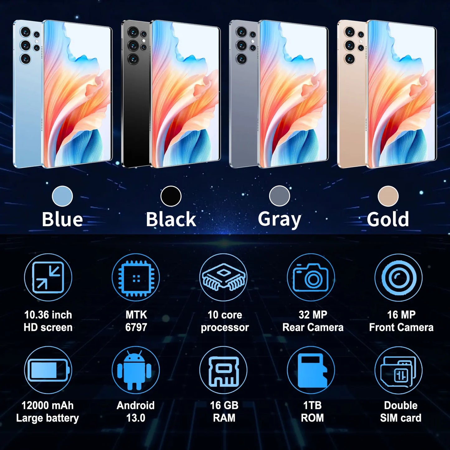 2025 New 10.36Inch Original Tablet 16GB Ram 1TB Rom Android13.0 Dual SIM 10 Core 12000mAh Bluetooth WIFI 5G Network Tablet PC