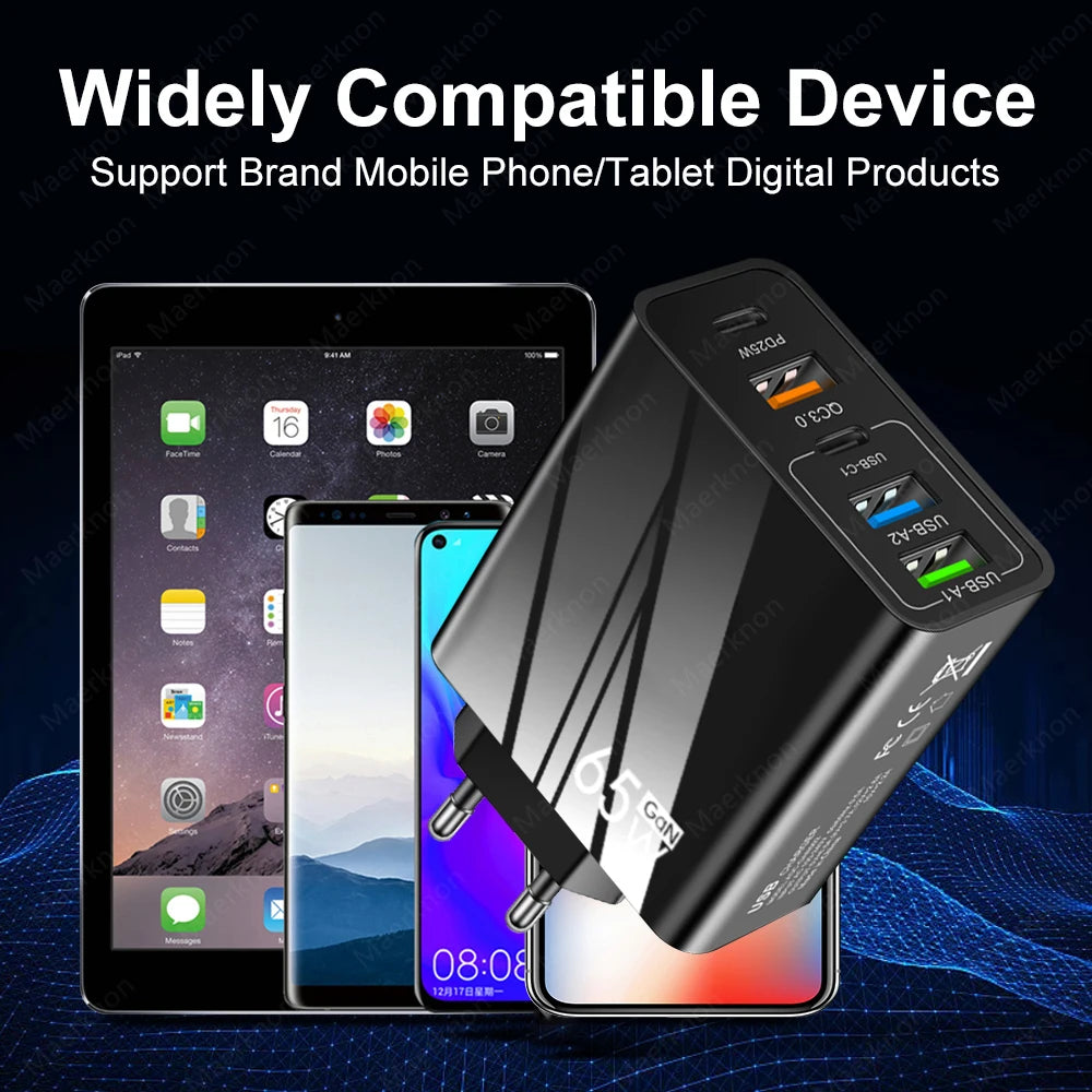65W GaN USB Fast Charger Multi Ports Type C Quick Charge Wall Charger For iPhone 15 Samsung Xiaomi USB PD Phone Charger Adapter