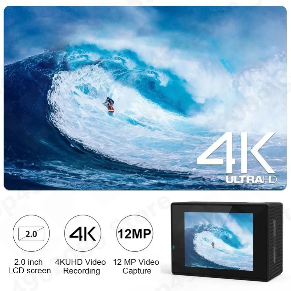 Action Camera 4K Ultra HD Waterproof 2.0-inch Screen WiFi Remote Control 30fps/170D Underwater Helmet Sports Go Video Camera Pro