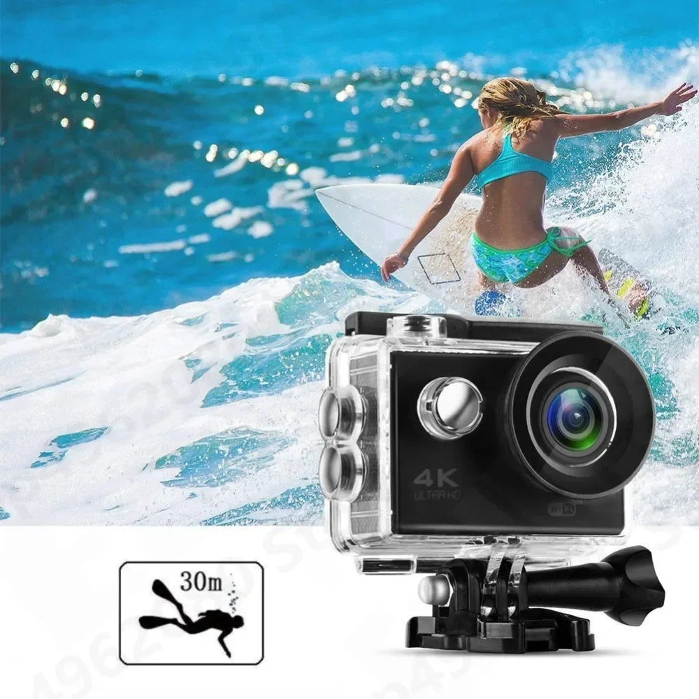 Action Camera 4K Ultra HD Waterproof 2.0-inch Screen WiFi Remote Control 30fps/170D Underwater Helmet Sports Go Video Camera Pro