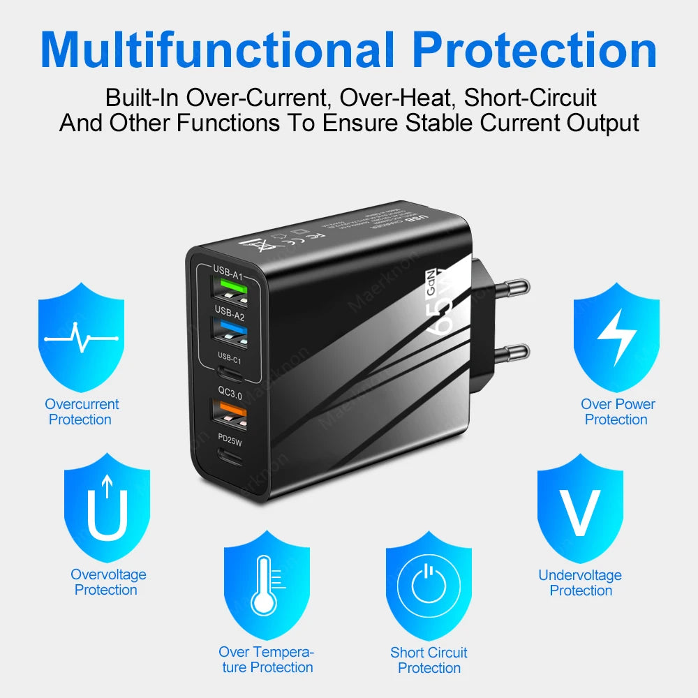 65W GaN USB Fast Charger Multi Ports Type C Quick Charge Wall Charger For iPhone 15 Samsung Xiaomi USB PD Phone Charger Adapter