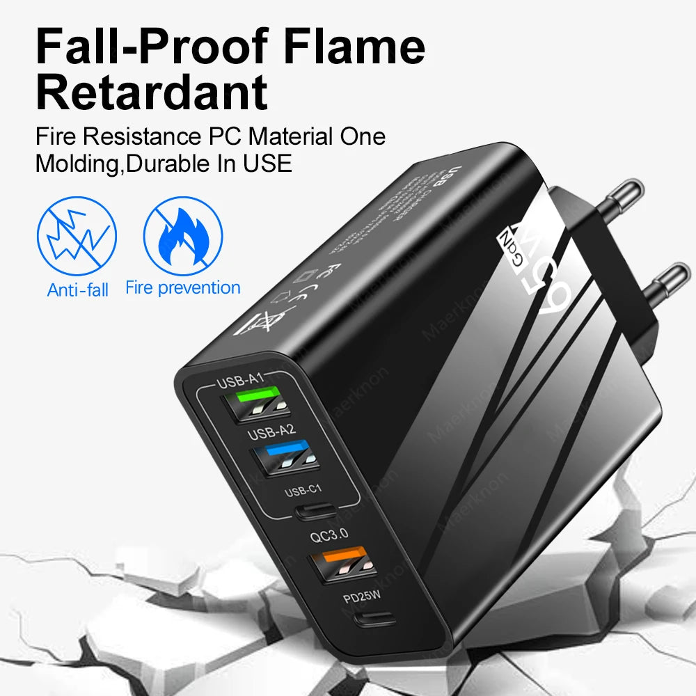 65W GaN USB Fast Charger Multi Ports Type C Quick Charge Wall Charger For iPhone 15 Samsung Xiaomi USB PD Phone Charger Adapter