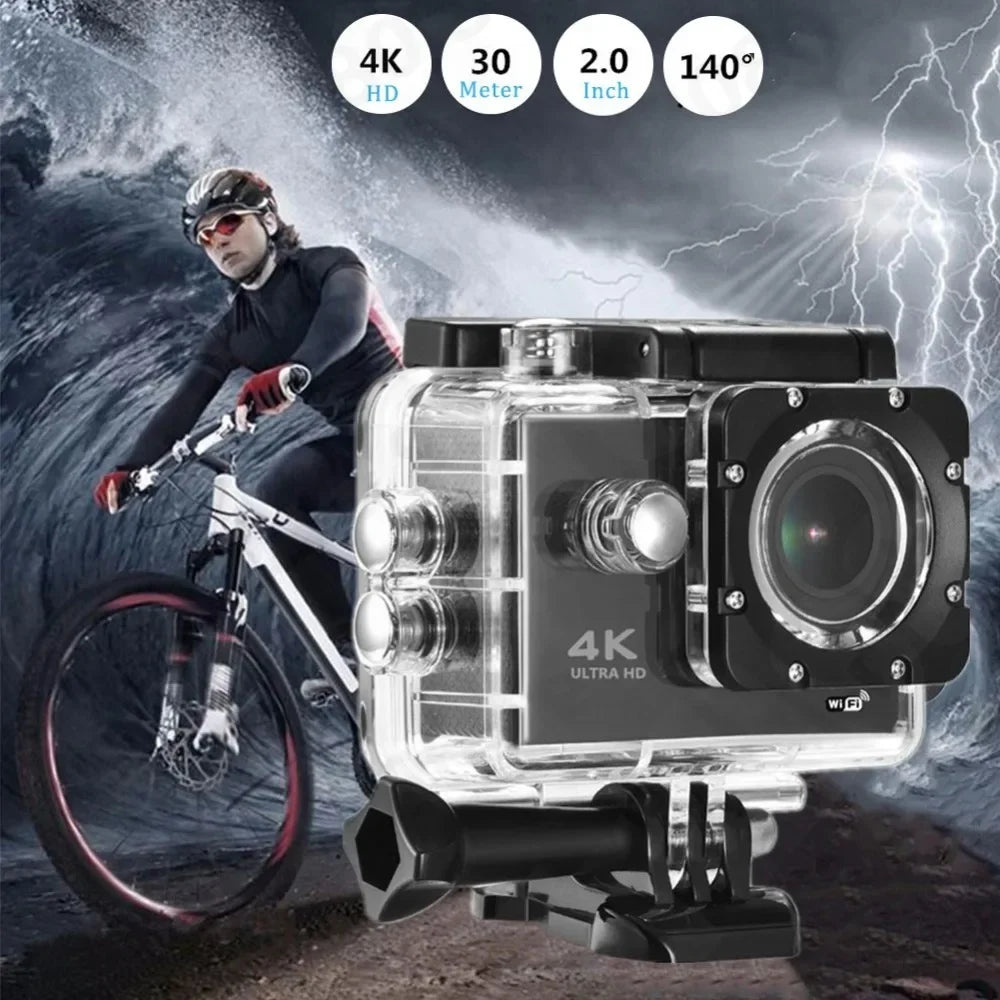 Action Camera 4K Ultra HD Waterproof 2.0-inch Screen WiFi Remote Control 30fps/170D Underwater Helmet Sports Go Video Camera Pro