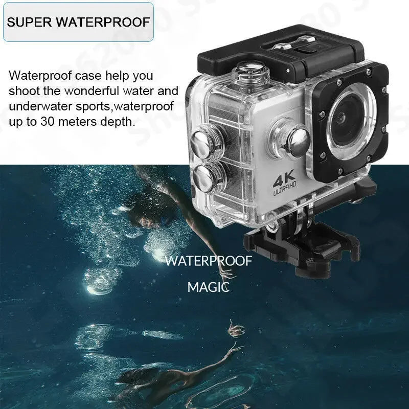 Action Camera 4K Ultra HD Waterproof 2.0-inch Screen WiFi Remote Control 30fps/170D Underwater Helmet Sports Go Video Camera Pro