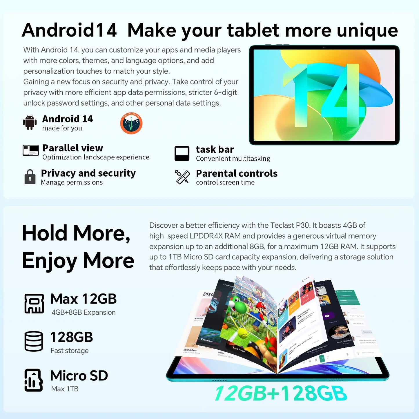 Teclast P30 Android 14 Tablet, 10.1 Inches, Maximum 12 Gb Ram, 128Gb Rom, 1280X800 Ips, Unisoc T606, 8 Cores, 6000 Mah