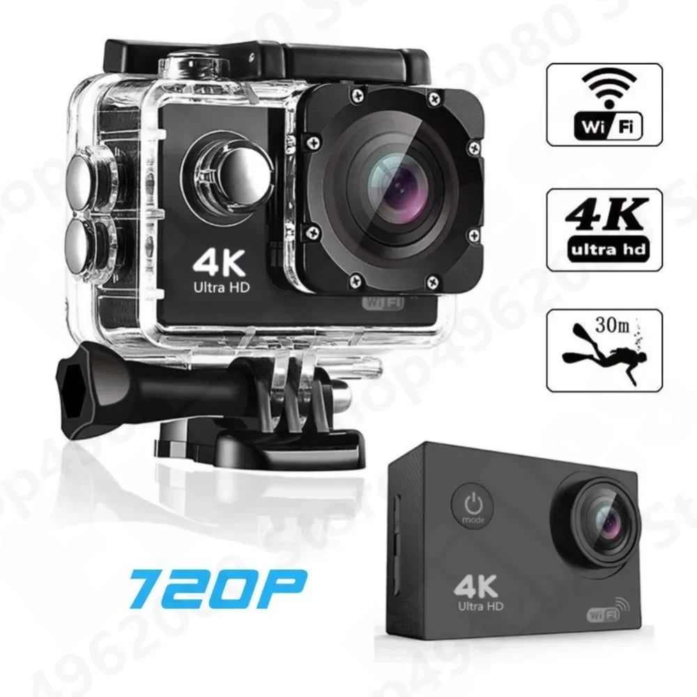 Action Camera 4K Ultra HD Waterproof 2.0-inch Screen WiFi Remote Control 30fps/170D Underwater Helmet Sports Go Video Camera Pro