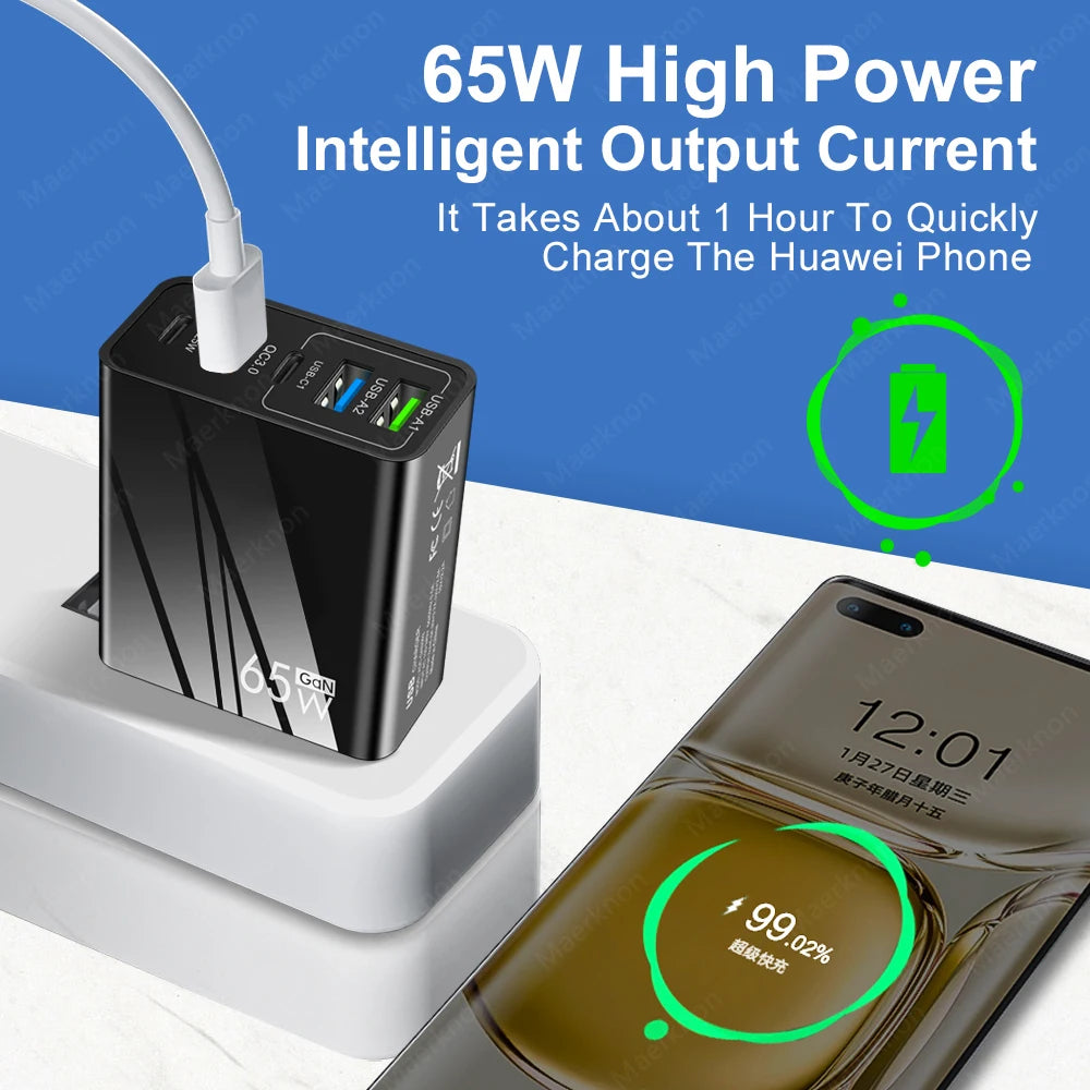 65W GaN USB Fast Charger Multi Ports Type C Quick Charge Wall Charger For iPhone 15 Samsung Xiaomi USB PD Phone Charger Adapter