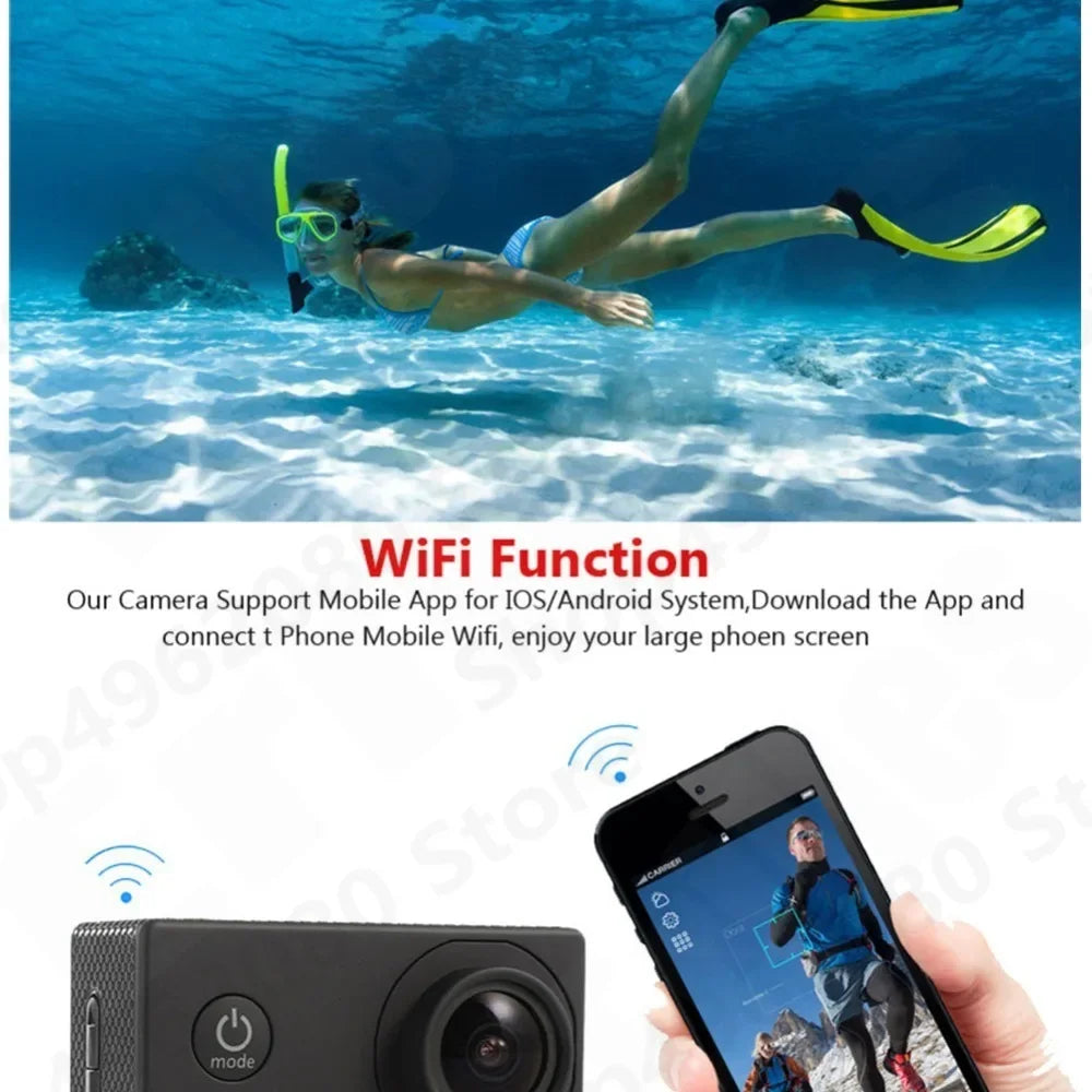 Action Camera 4K Ultra HD Waterproof 2.0-inch Screen WiFi Remote Control 30fps/170D Underwater Helmet Sports Go Video Camera Pro