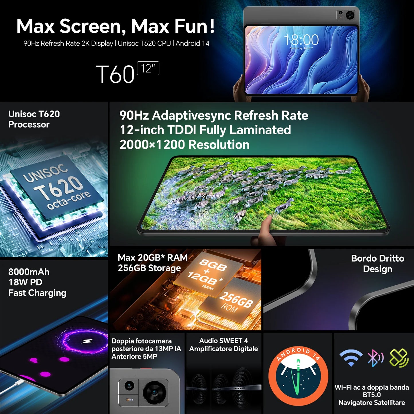 Teclast T60 Android 14 Tablet 12" 2K 90Hz Display, UNISOC T620, Max 20GB RAM, 256GB ROM, 8000mAh, 18W Fast Charge, 4G LTE, GPS