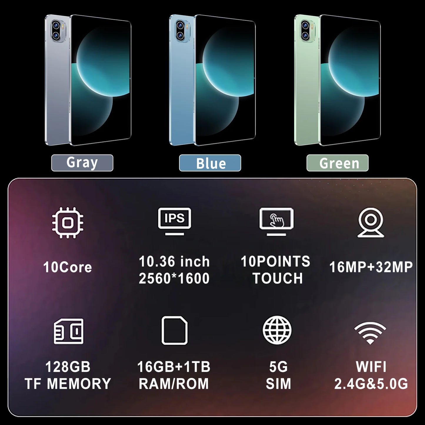 2025 5G Tablet Android 13.0 Brand New 10.36 inch 16GB RAM 1TB ROM Tablet 16MP 32MP 12000mAh 10Core WIFI Bluetooth Network Tablet