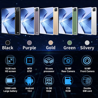 2025 5G Original 10.36Inch Tablet Android 16GB RAM 1TB ROM 12000mAh battery Android 13.0 MTK6797 10-core WiFi Network Dual Sim