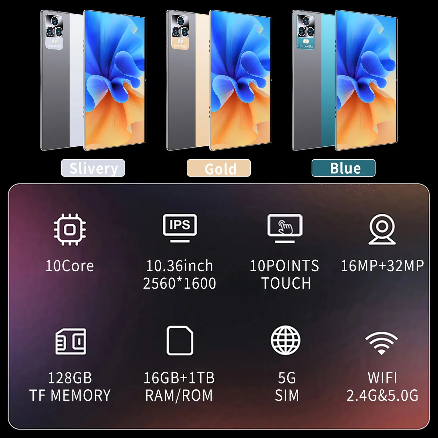 2025 5G Tablet Android 13.0 Brand New 10.36 inch 16GB RAM 1TB ROM Tablet 16MP 32MP 12000mAh 10Core WIFI Bluetooth Network Tablet