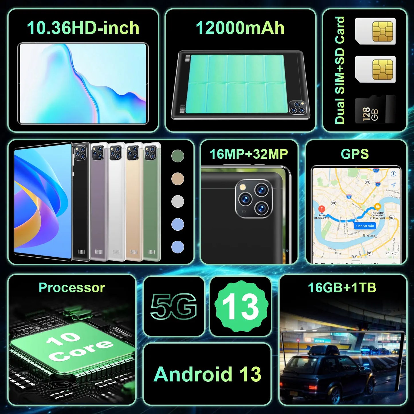 2025 5G Tablet Android 13.0 Brand New 10.36 inch 16GB RAM 1TB ROM Tablet 16MP 32MP 12000mAh 10Core WIFI Bluetooth Network Tablet