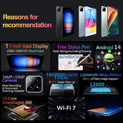 2025 Original  Tablet Android14 Snapdragon888 11Inch HD 16GB+1TB 12000mAh 5G Dual SIM Bluetooth WiFi GPS Tables