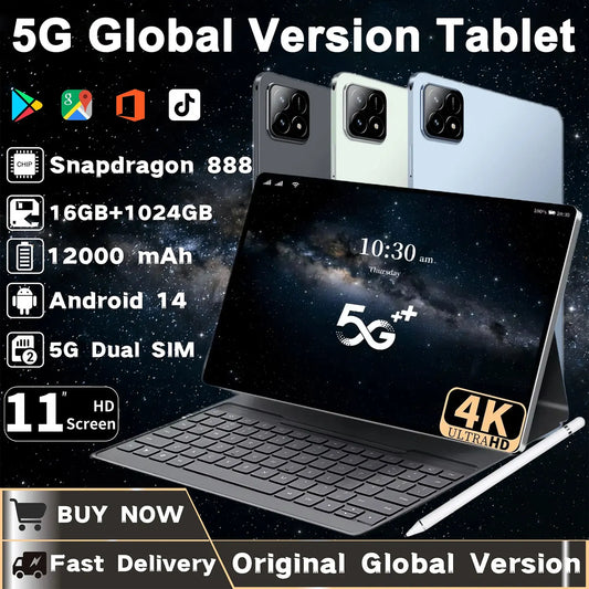 2025 Original  Tablet Android14 Snapdragon888 11Inch HD 16GB+1TB 12000mAh 5G Dual SIM Bluetooth WiFi GPS Tables