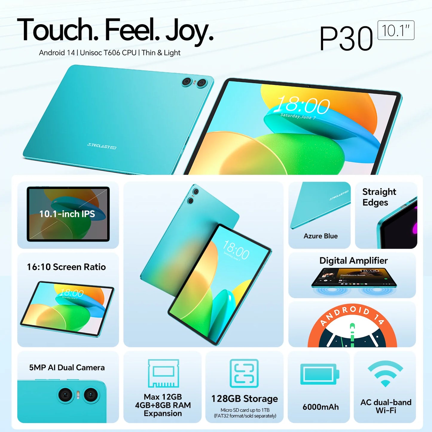 Teclast P30 Android 14 Tablet, 10.1 Inches, Maximum 12 Gb Ram, 128Gb Rom, 1280X800 Ips, Unisoc T606, 8 Cores, 6000 Mah