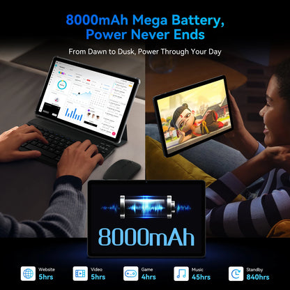 TABWEE T90 Android 15 11'' Tablet PC with Keyboard, Gemini AI, 8+16GB RAM 128GB ROM, T615 Octa Core, 8000mAh Battery Widevine L1