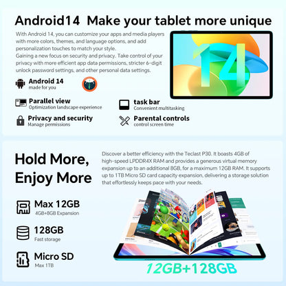 Teclast P30 Android 14 Tablet, 10.1 Inches, Maximum 12 Gb Ram, 128Gb Rom, 1280X800 Ips, Unisoc T606, 8 Cores, 6000 Mah