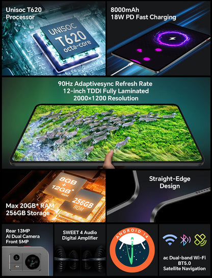 Teclast T60 Android 14 Tablet 12" 2K 90Hz Display, UNISOC T620, Max 20GB RAM, 256GB ROM, 8000mAh, 18W Fast Charge, 4G LTE, GPS