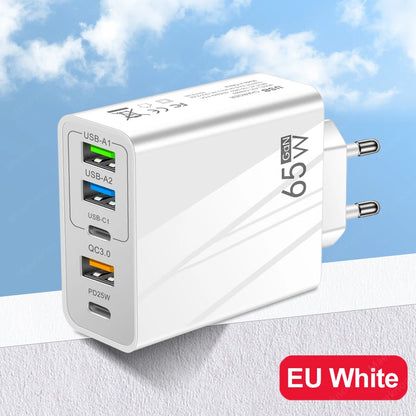 65W GaN USB Fast Charger Multi Ports Type C Quick Charge Wall Charger For iPhone 15 Samsung Xiaomi USB PD Phone Charger Adapter