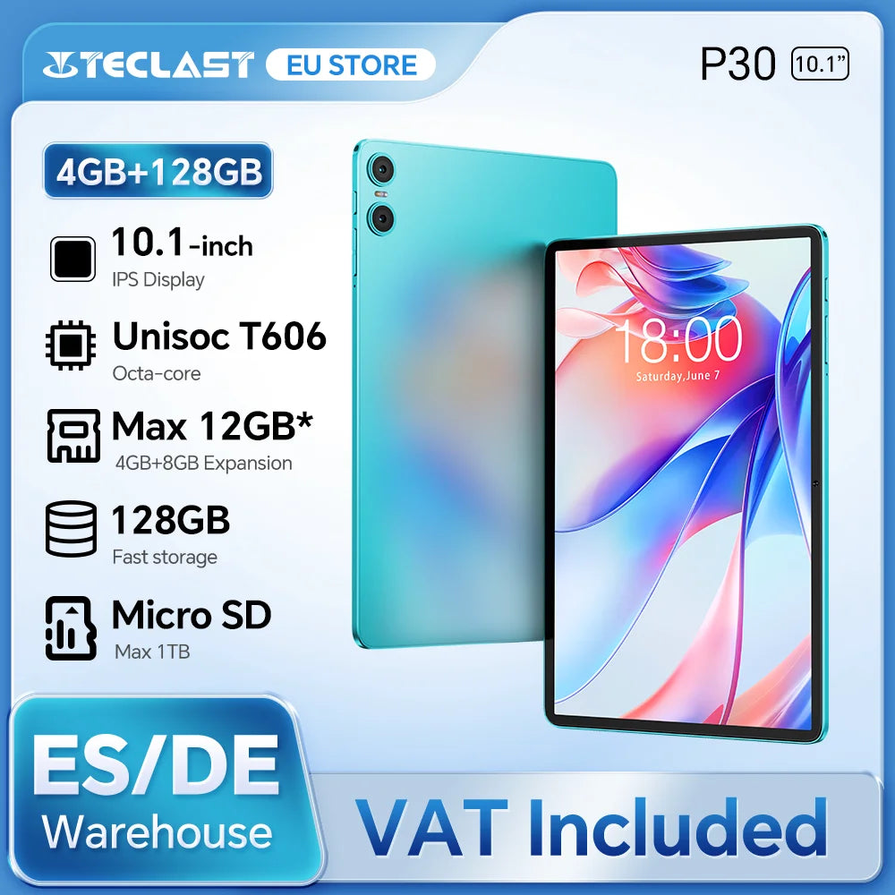 Teclast P30 Android 14 Tablet, 10.1 Inches, Maximum 12 Gb Ram, 128Gb Rom, 1280X800 Ips, Unisoc T606, 8 Cores, 6000 Mah
