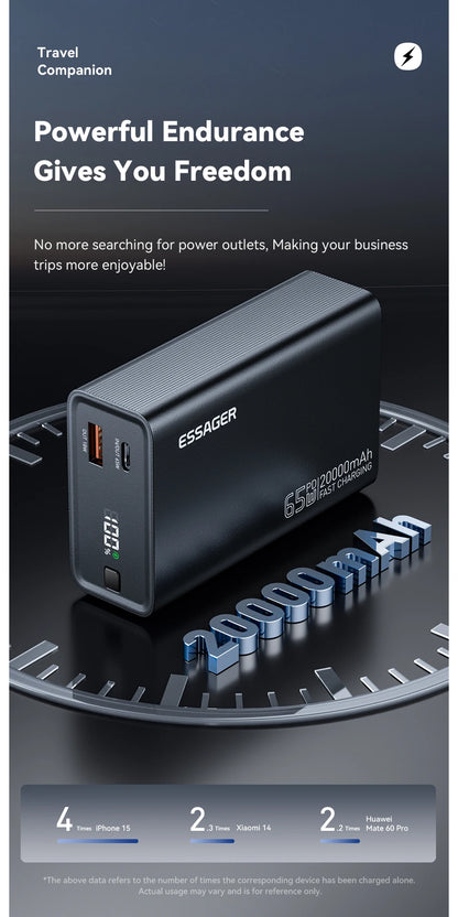 Essager Power Bank 20000mAh Portable PD 65W Fast Charging  Mobile Phone External Battery Powerbank For Phone Laptop Tablet Mac