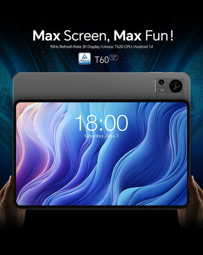 Teclast T60 Android 14 Tablet 12" 2K 90Hz Display, UNISOC T620, Max 20GB RAM, 256GB ROM, 8000mAh, 18W Fast Charge, 4G LTE, GPS