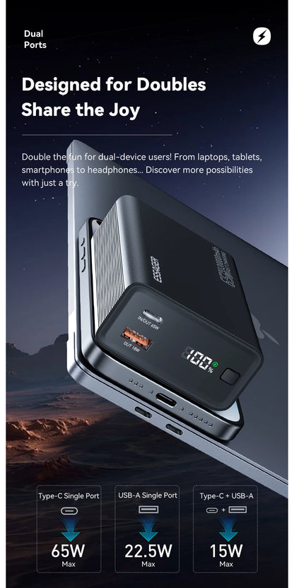 Essager Power Bank 20000mAh Portable PD 65W Fast Charging  Mobile Phone External Battery Powerbank For Phone Laptop Tablet Mac