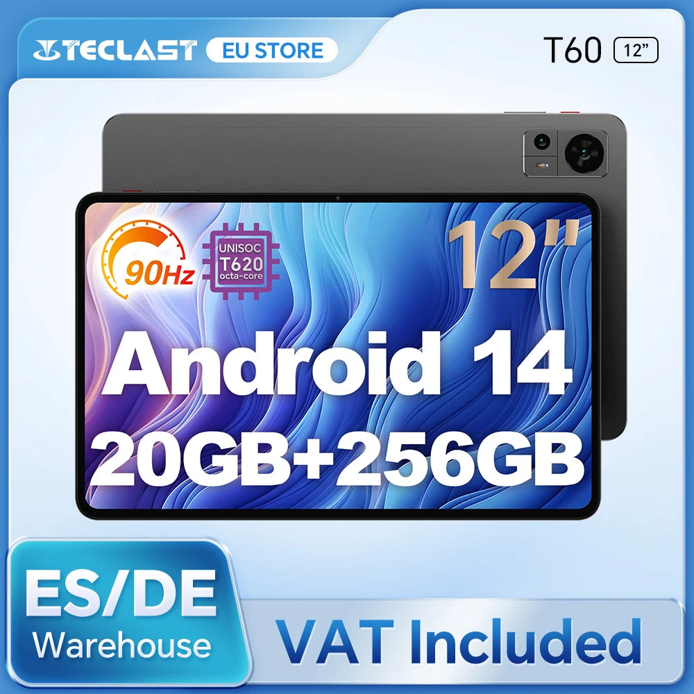 Teclast T60 Android 14 Tablet 12" 2K 90Hz Display, UNISOC T620, Max 20GB RAM, 256GB ROM, 8000mAh, 18W Fast Charge, 4G LTE, GPS