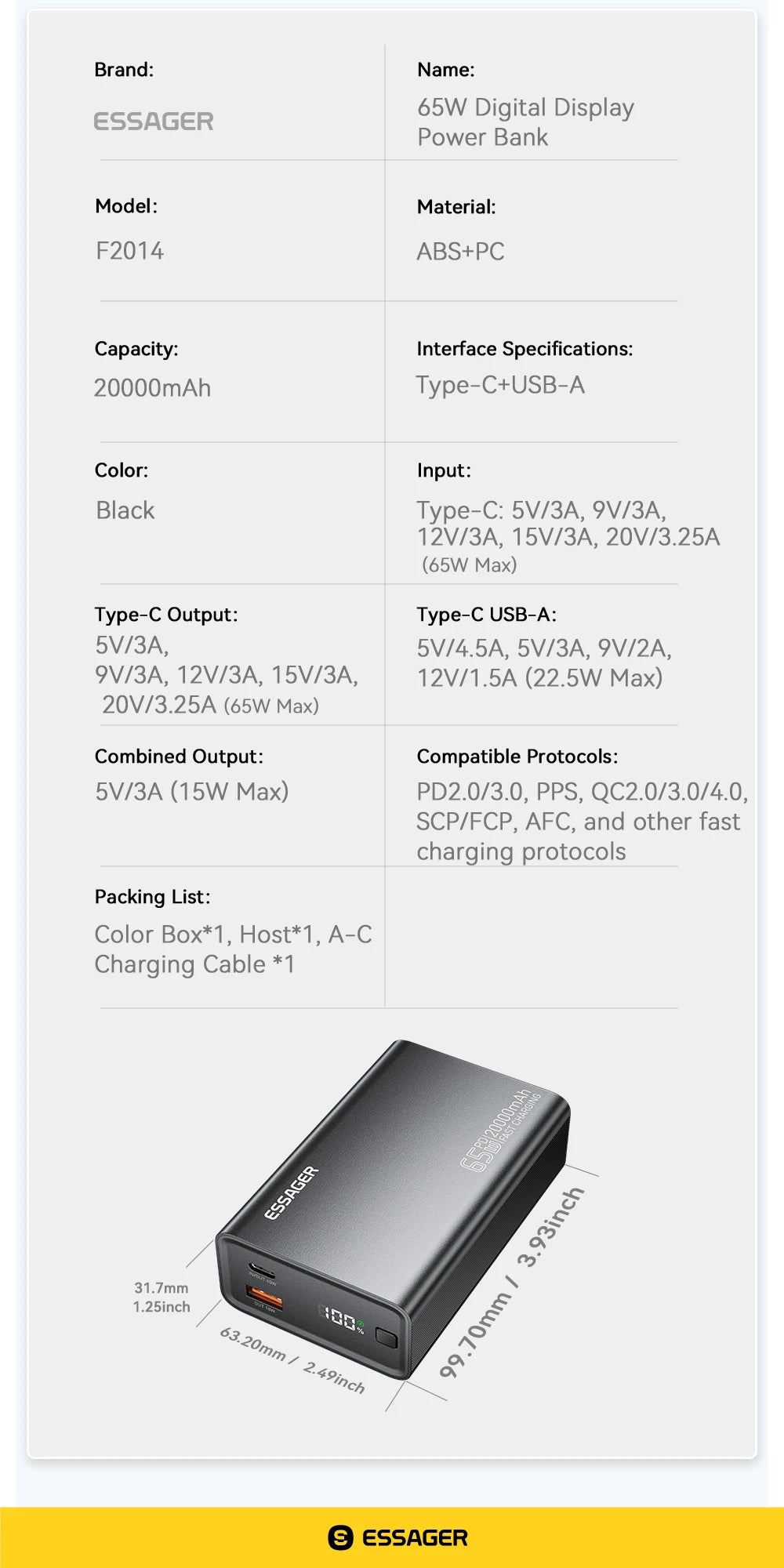 Essager Power Bank 20000mAh Portable PD 65W Fast Charging  Mobile Phone External Battery Powerbank For Phone Laptop Tablet Mac