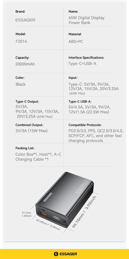 Essager Power Bank 20000mAh Portable PD 65W Fast Charging  Mobile Phone External Battery Powerbank For Phone Laptop Tablet Mac
