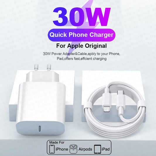 Original 30W Type C Quick Charger For iPhone 16 15 14 13 12 11 Pro Max Mini X XS XR Plus Magsafes Fast Charging Lightnings Cable